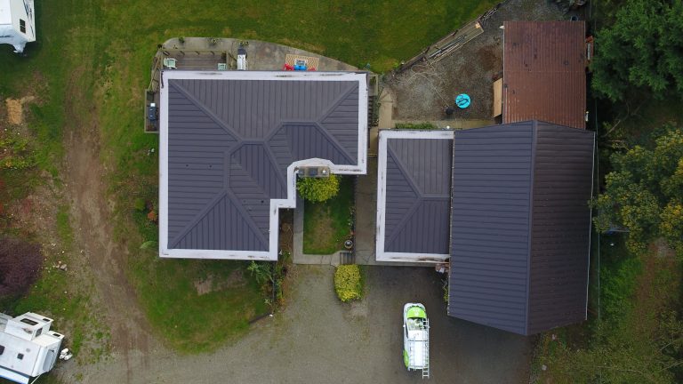 Beautiful new metal roof in Auburn, Washington, aerial view