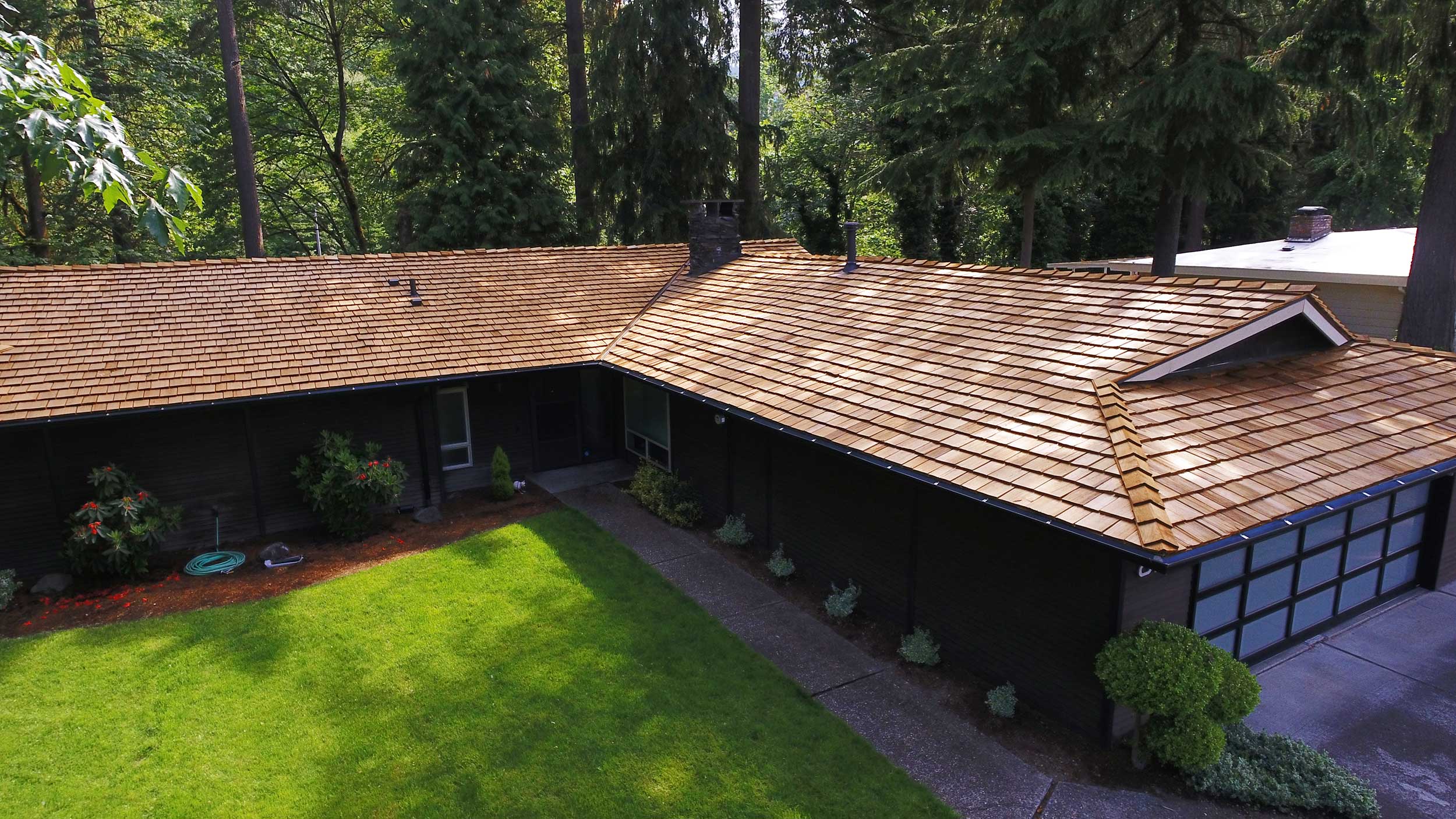 Cedar Shake Shingle Roof - View with front of home garage