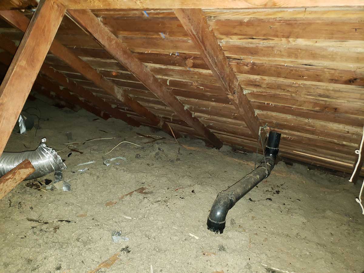 Photo of ducting that is disconnected and a oven pipe that is not properly vented in need of shingle roof maintenance