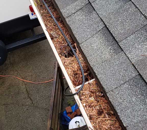 roof with clogged gutters in need of shingle roof maintenance