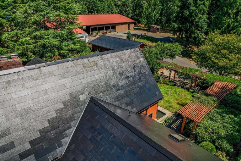 Multiple Steep Pitch Roof Angles coming together on a Tesla Solar Roof in Washington state