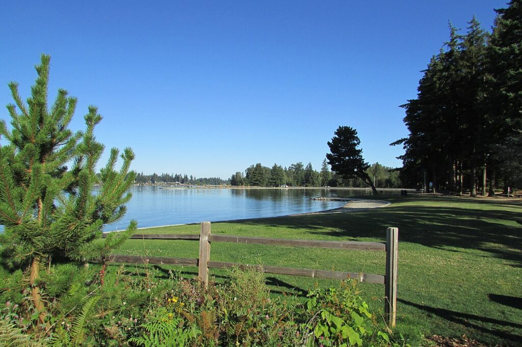 A sunny day at the Swimming/beach inlet at Lake Tapps North (County) Park in Bonney Lake, WA.