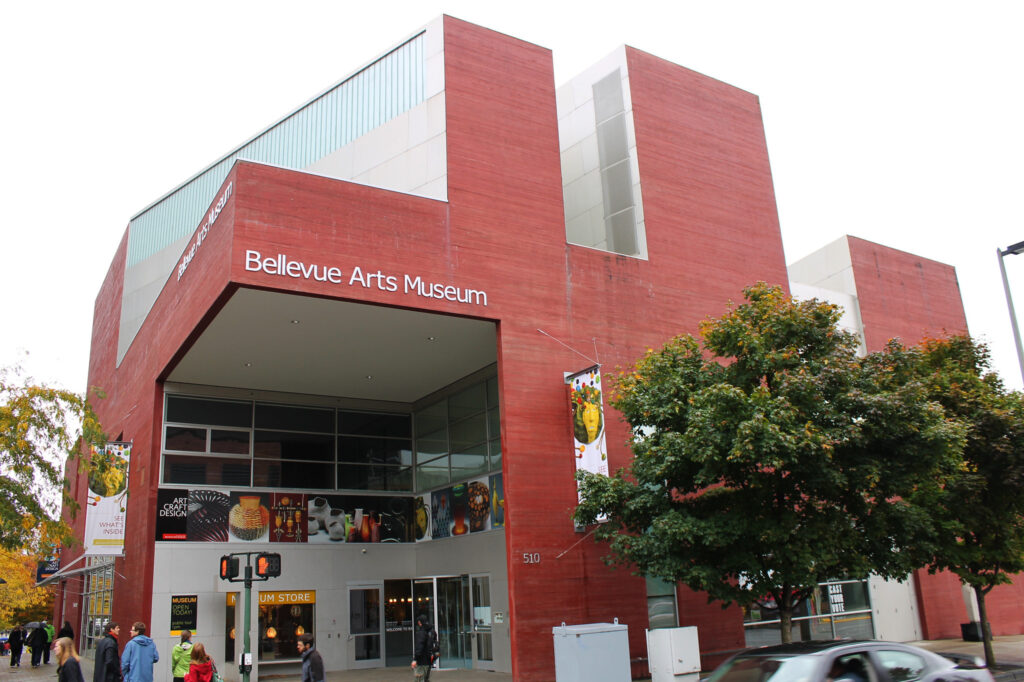 The Bellevue Arts Museum is a big red brick contemporary building designed by Steven Holl