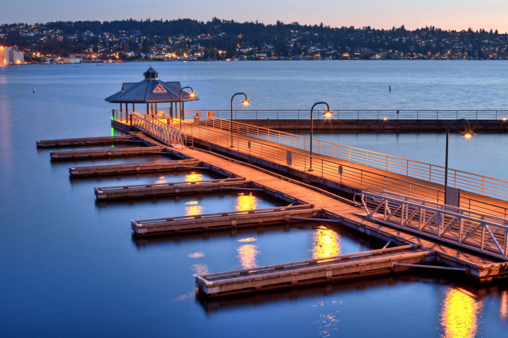 Overlooking the dock at sunset at Gene Coulon Memorial Beach Park on Lake Washington in Renton, WA.