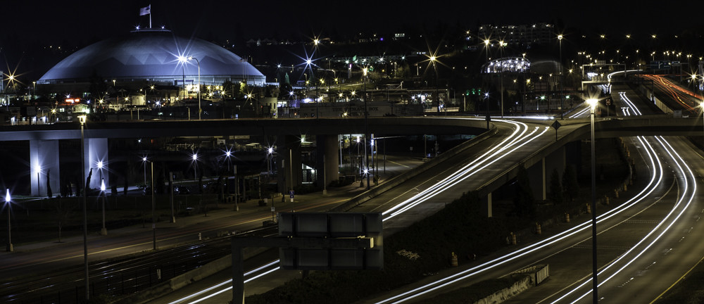 Long exposure photoshoot of Tacoma Dome and surrounding highway and lights.