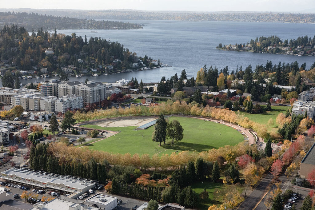 Aerial view of Downtown Park and Lake Washington, Bellevue, Washington