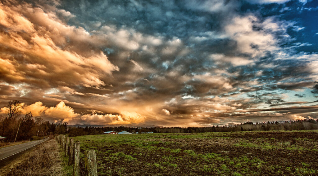 Stunning view of cloud formations over farmland in Enumclaw, Washington.