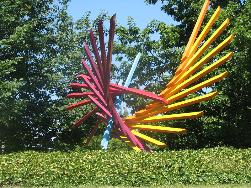 Primavera II is a colorful abstract sculpture by artist Roslyn Mazzill shown here at the Greta Hackett Outdoor Sculpture Gallery on Mercer Island, Washington.