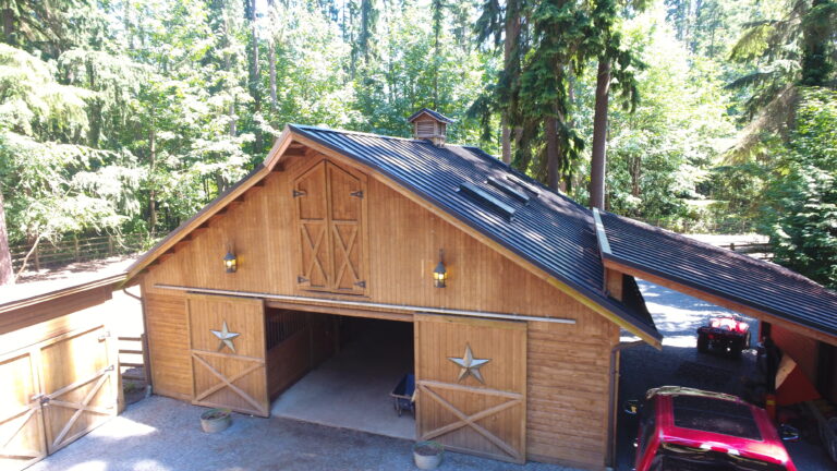 Garage Barn view gorgeous new metal roof replacement in Woodinville, Washington