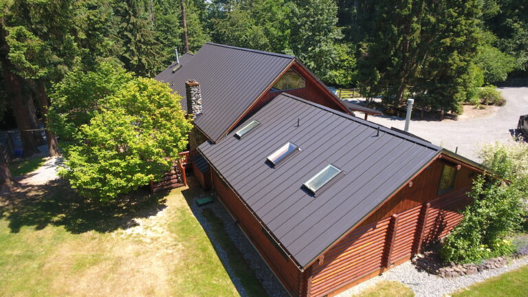 Drone view of gorgeous new metal roof replacement in Woodinville, Washington
