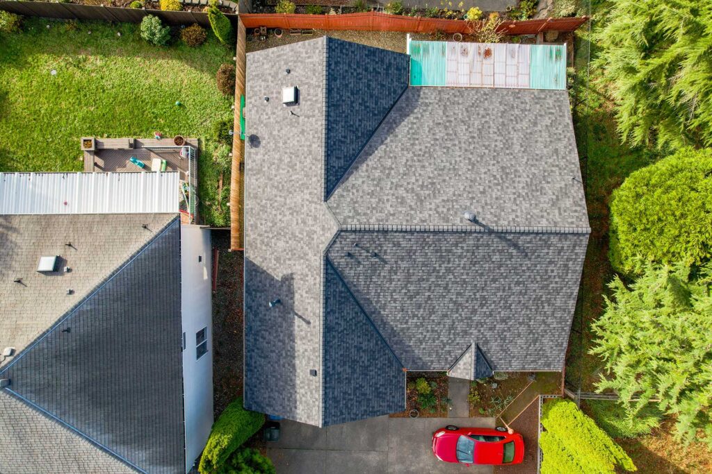 Kent Roofer Project: Composite Asphalt Shingle Roofing Top View Straight Down of Residential Home