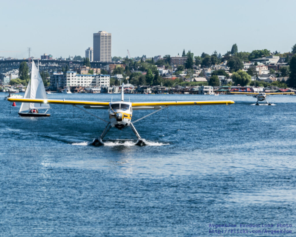 Titled, Two at Kenmore, Air Turbine Otters Taxi on Lake Union, Kenmore, Washington