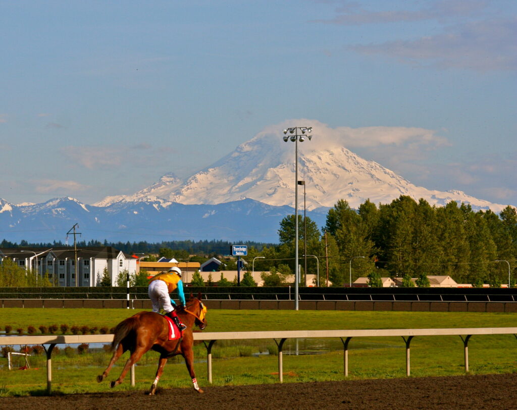 Auburn, Washington - Emerald Downs view of horse racing and Mount Rainier