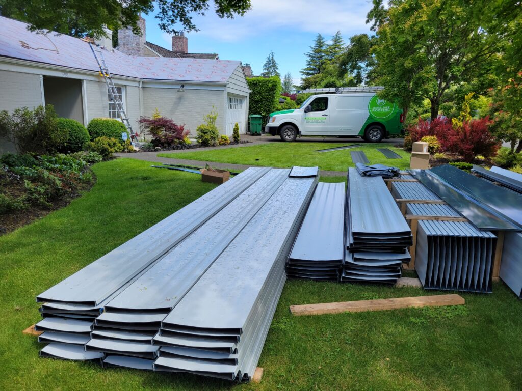 Metal roofing material that is ready to go up on the roof