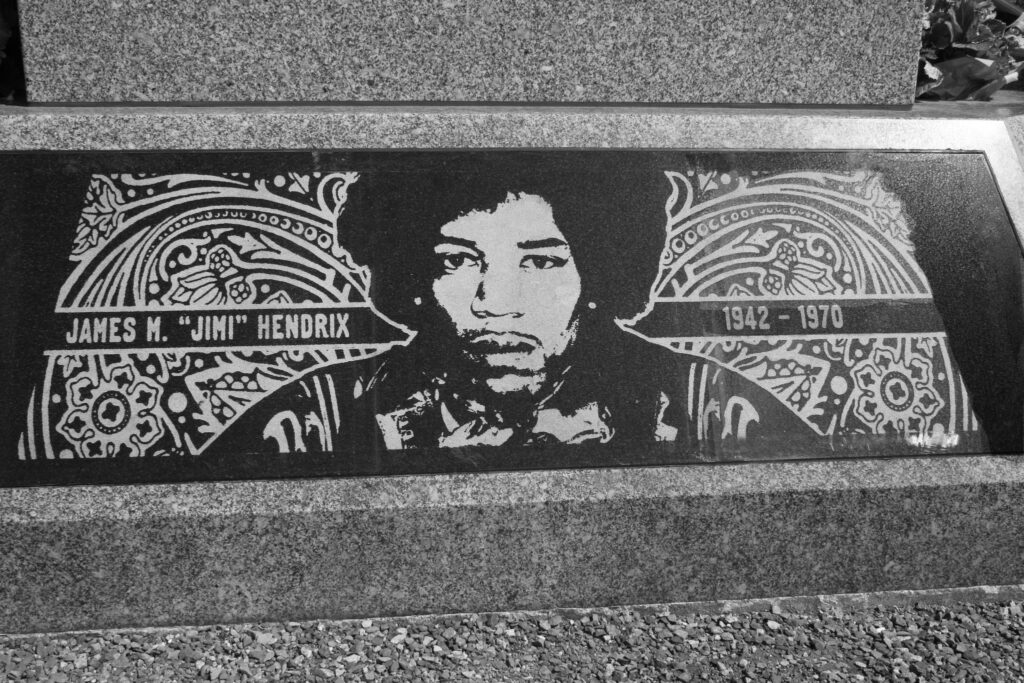 Image of Jimi Hendrix engraved in stone that is at the Jimi Hendrix Memorial, Renton, WA