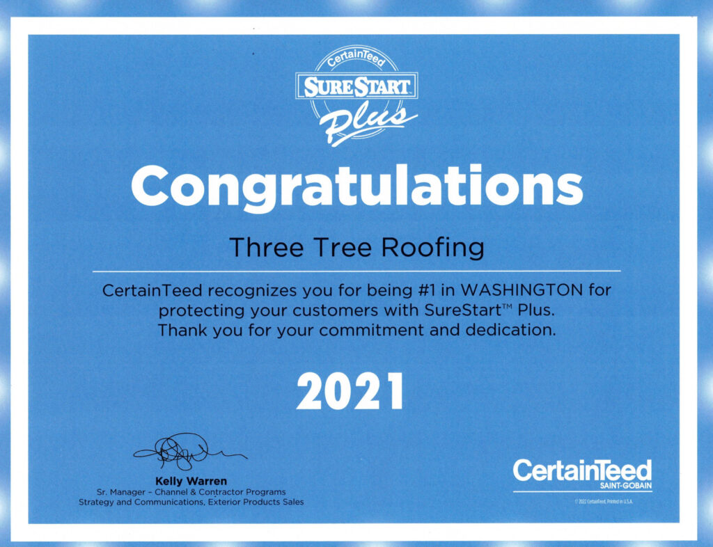 Three Tree Roofing's Award from CertainTeed - #1 in Washington SureStart Plus