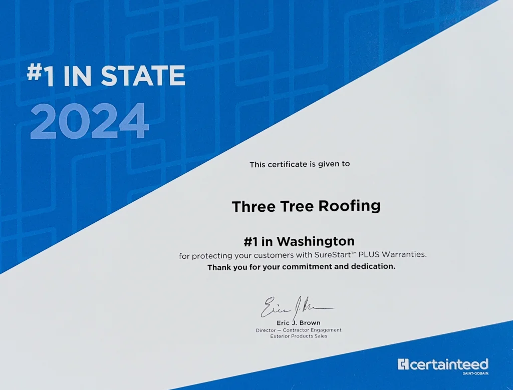 Three Tree Roofing's 2024 Award from CertainTeed - #1 in Washington SureStart Plus 2024