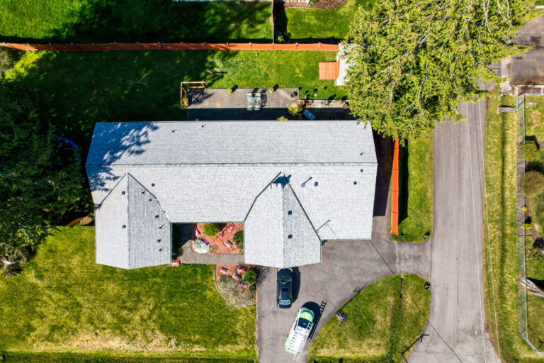 Aerial view of new asphalt shingle roof in Maple Valley, Washington