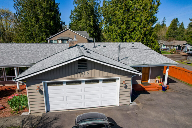 Garage view of new asphalt shingle roof in Maple Valley, Washington