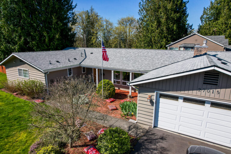 Close up view of new asphalt shingle roof in Maple Valley, Washington