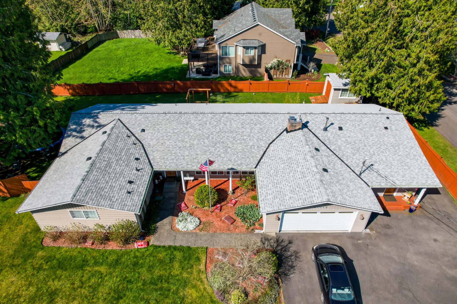 Front aerial view of new asphalt shingle roof in Maple Valley, Washington