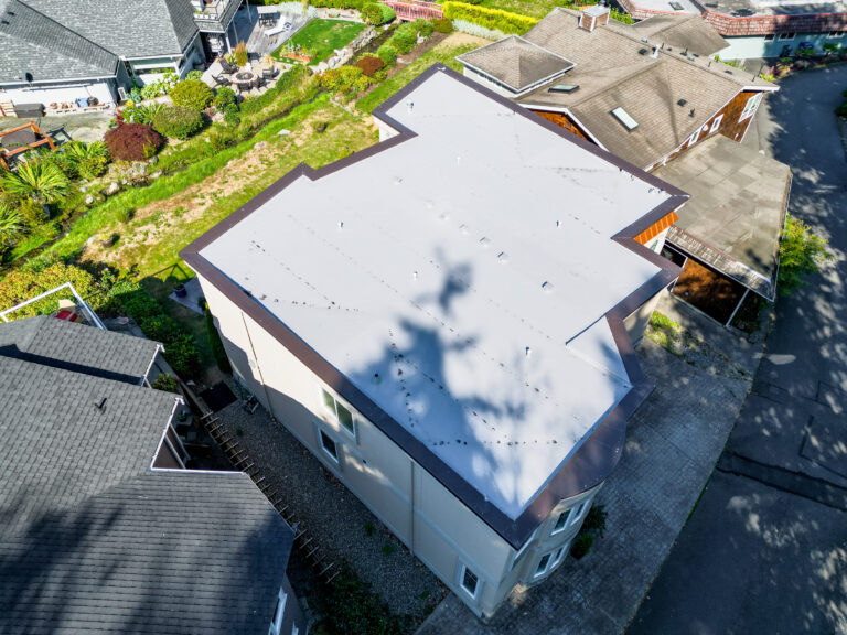 Flat TPO Roof Replacement in Des Moines, Washington - Angle view of new roof