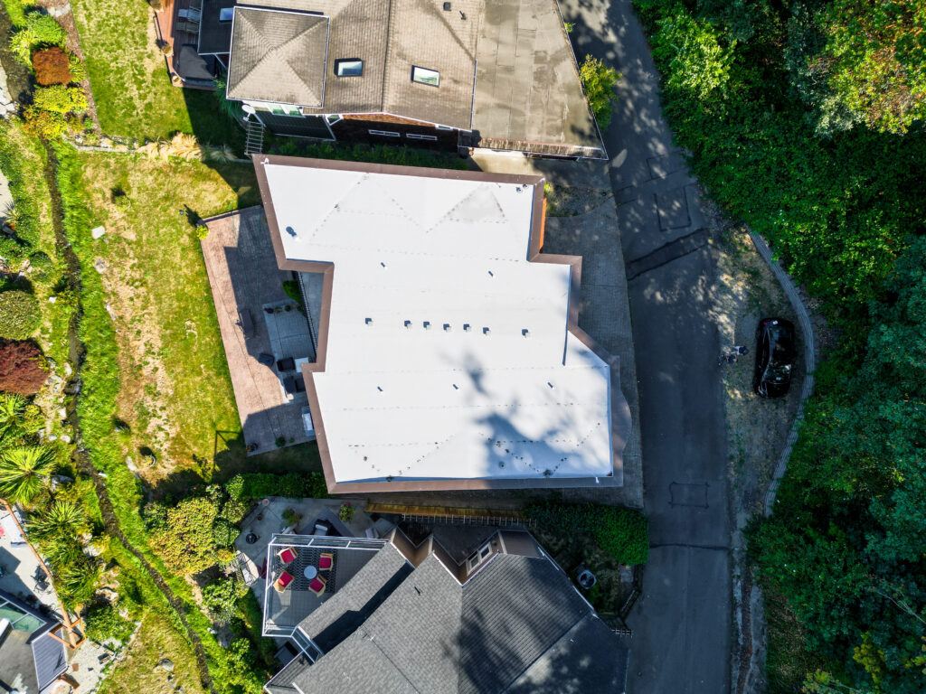 Flat TPO Roof Replacement in Des Moines, Washington - Overhead view of new roof