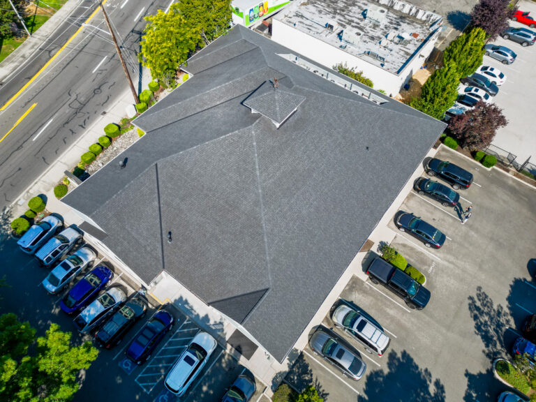 New Composite Asphalt Shingle Commercial Roof in Auburn, Washington - Top view at an angle of roof