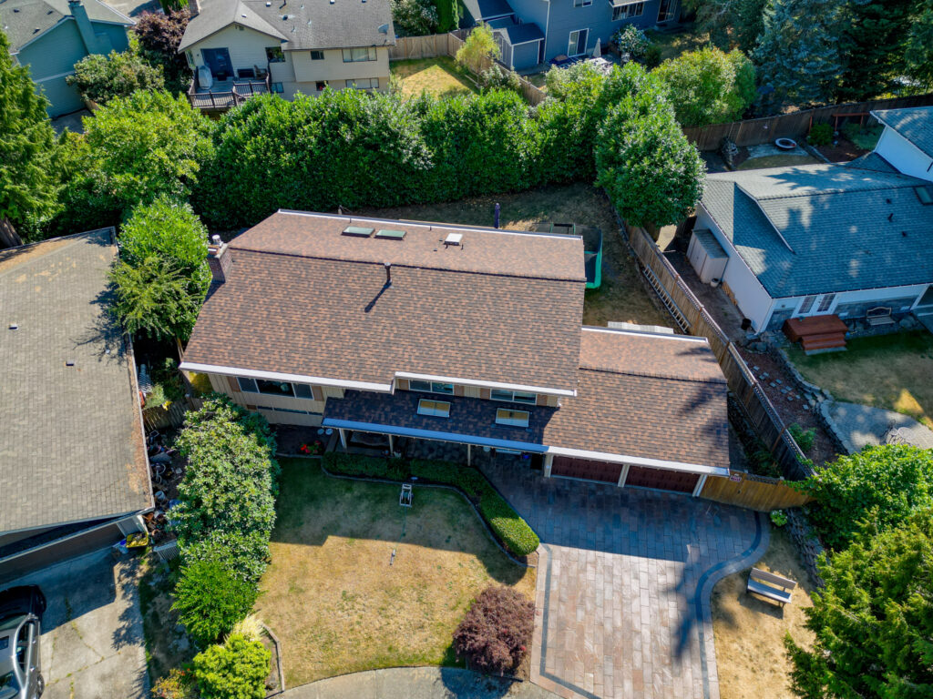 Residential Composite Shingles Roof in Newcastle, Washington - Aerial view of new asphalt roof