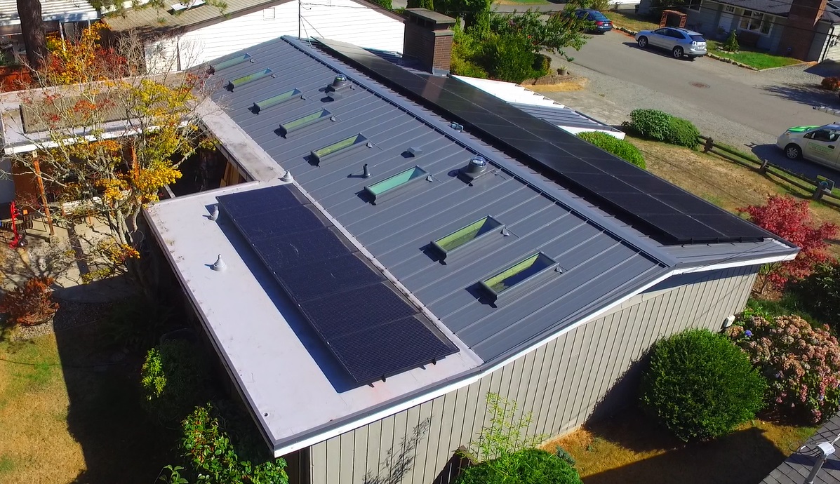Burien Washington New Metal Roof with Solar Panels - view of roof from angle