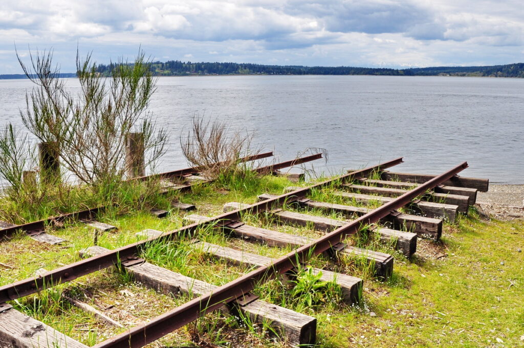 The DuPont dynamite trains once used these tracks to reach a wharf on Puget Sound. Now it's the end of the Sequalitchew Trail, DuPont, WA.