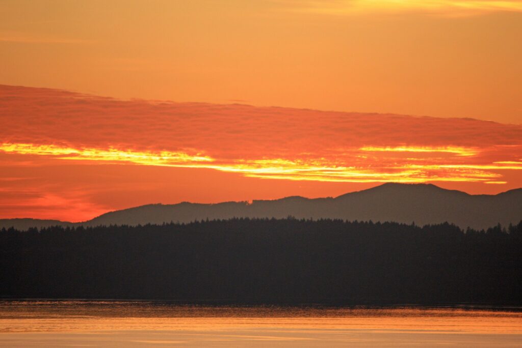 A beautiful orange and yellow sunset photo taken from a little walking trail in Steilacoom, Washington.