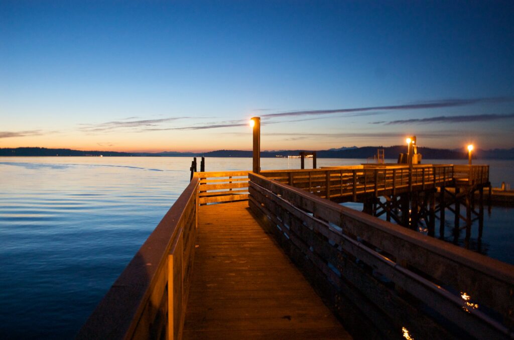 A view of the sunset over the Steilacoom fishing dock.