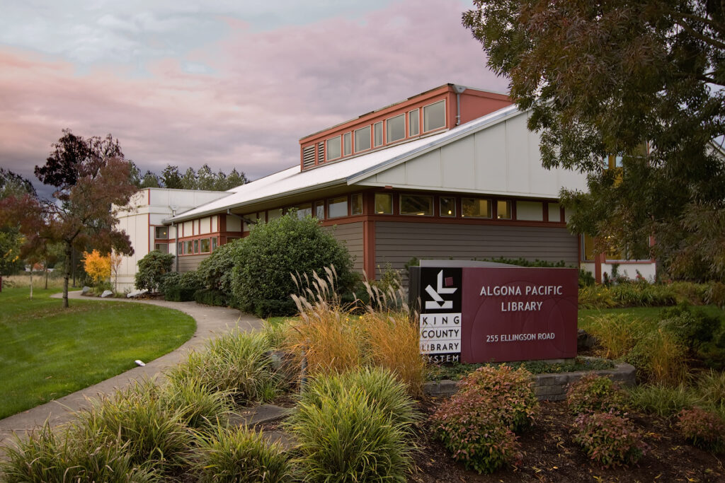 This is a view of the modern style exterior of the Algona Pacific Library in Pacific, Washington.