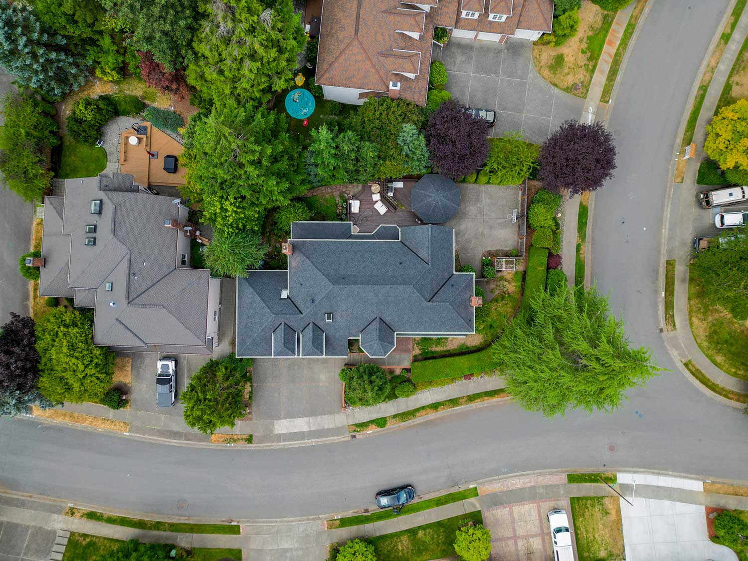 New Composite Asphalt Shingle Roof, Bellevue, Washington - very zoomed out overhead view