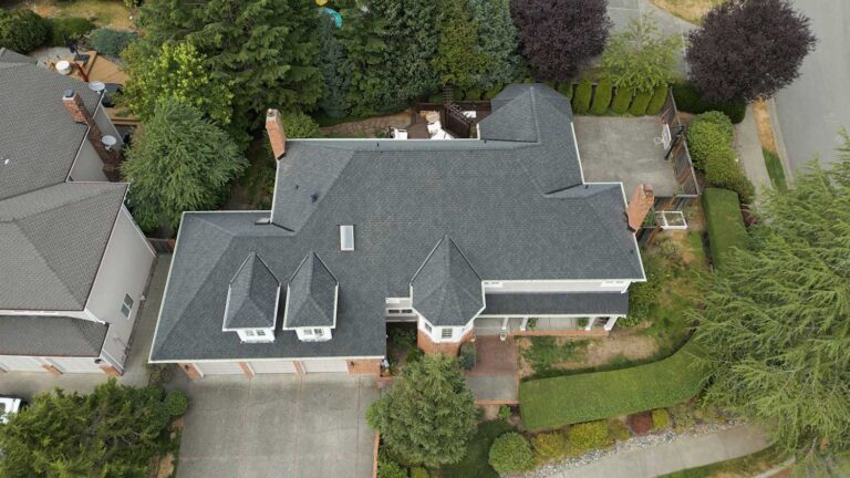 New Composite Asphalt Shingle Roof, Bellevue, Washington - overhead view zoomed out of entire roof