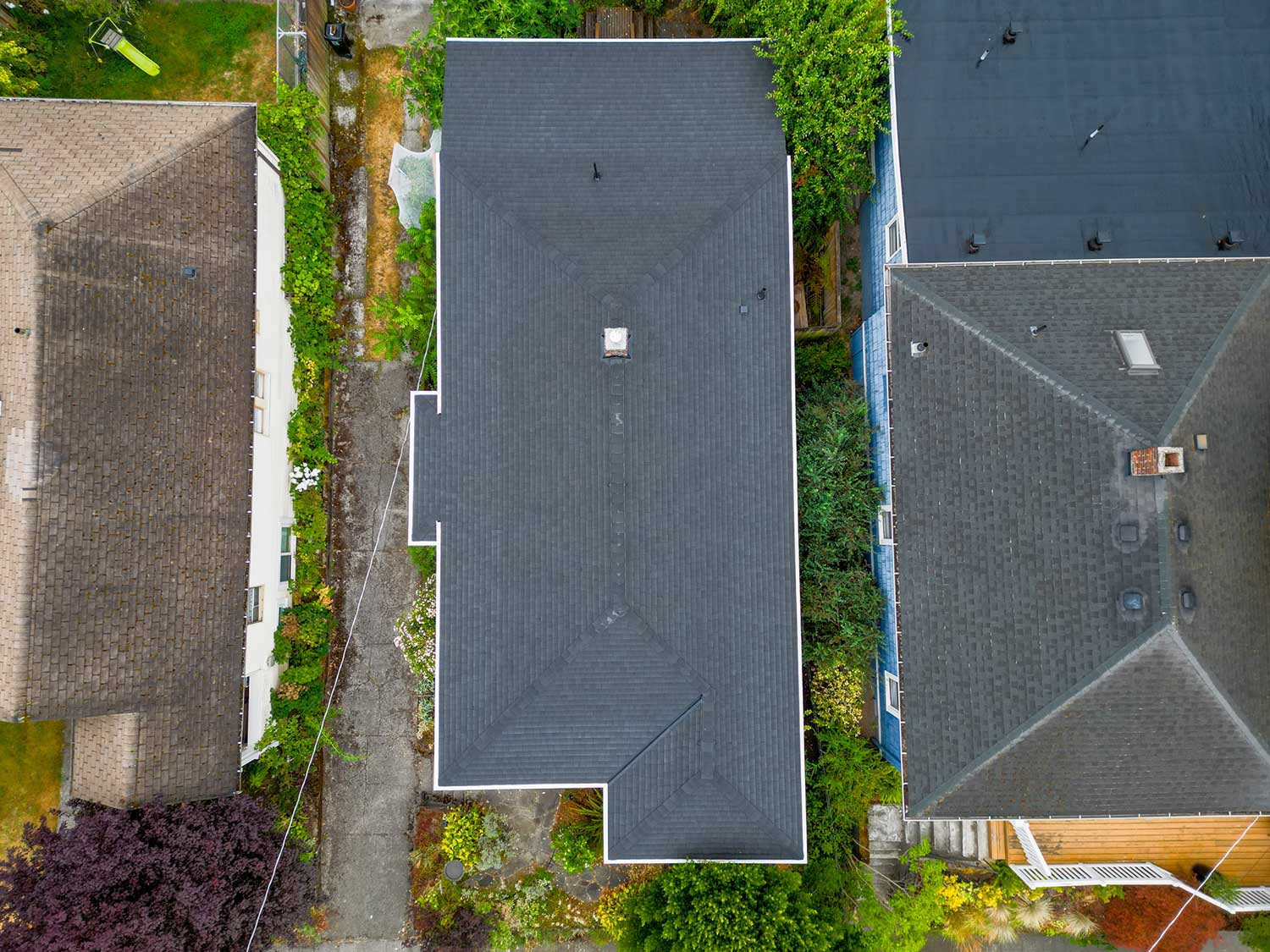 New Composite Asphalt Shingle Roof, Seattle, Washington - overhead view of the house roof