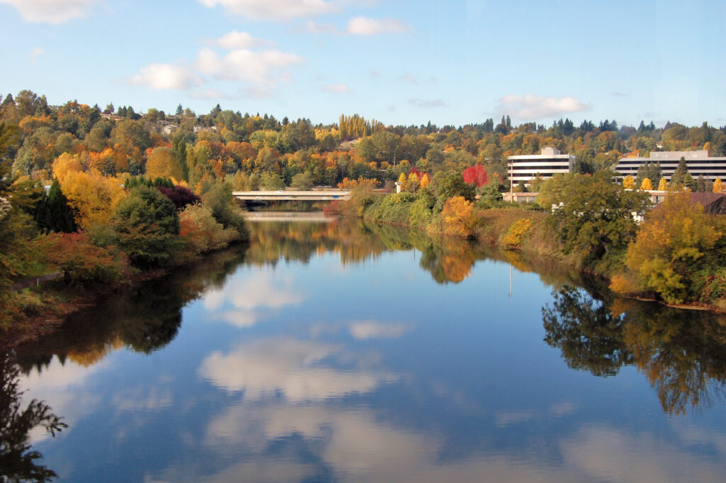 An exquisite view of Autumn colors along the banks of the Duwamish River, Tukwila, Washington.