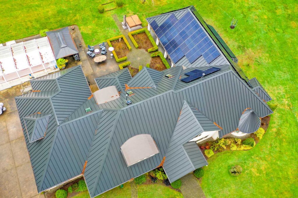 Amazing Metal Roof Installation with Solar in Redmond, Washington - overhead view from an angle