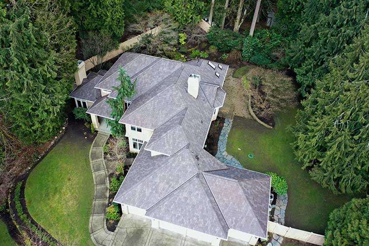 Eco-Friendly DaVinci Synthetic Shake Shingles in Redmond, Washington - top of house view of new roof from angle