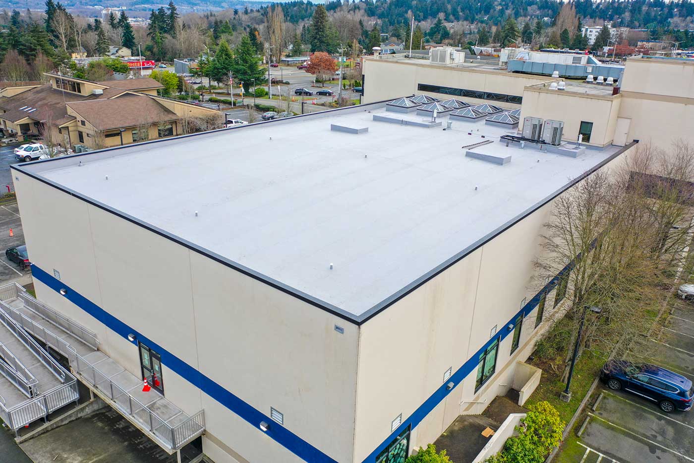 Puget Sound Elementary School Flat Roof in Tukwila, Washington - top view of flat roof from angle