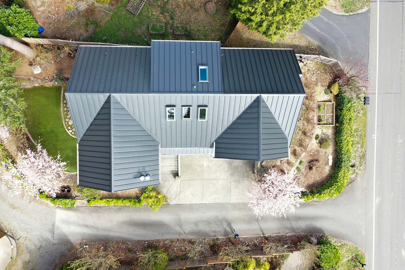 Before and After of New Metal Roof in Bellevue, Washington - overhead view of roof