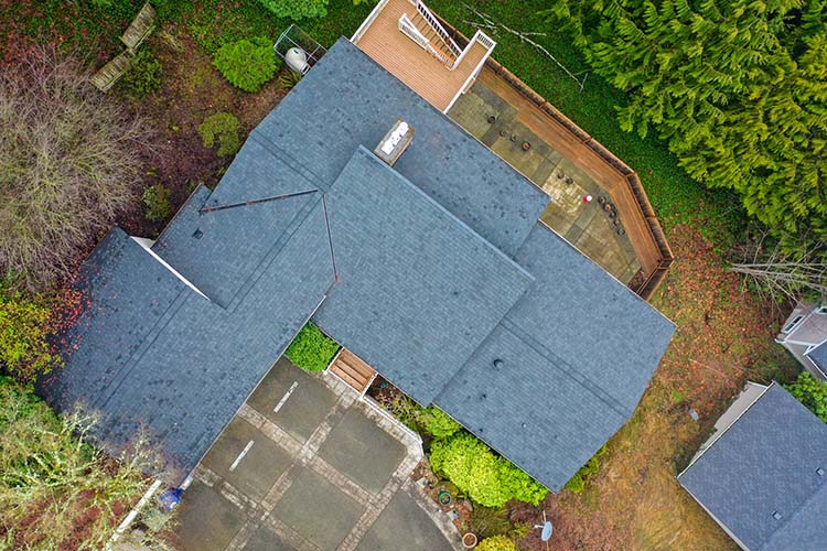 New Composite Asphalt Roof in Bellevue, Washington - overhead view of roof