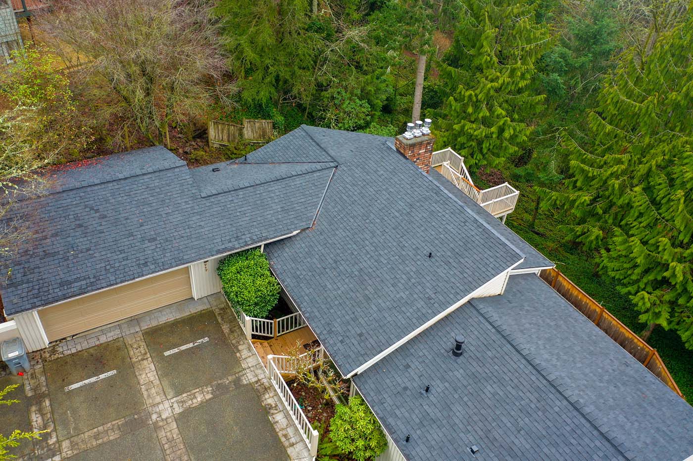 New Composite Asphalt Roof in Bellevue, Washington - overhead view of roof from an angle