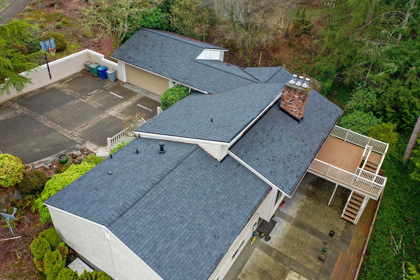 New Composite Asphalt Roof in Bellevue, Washington - overhead view of roof from an angle