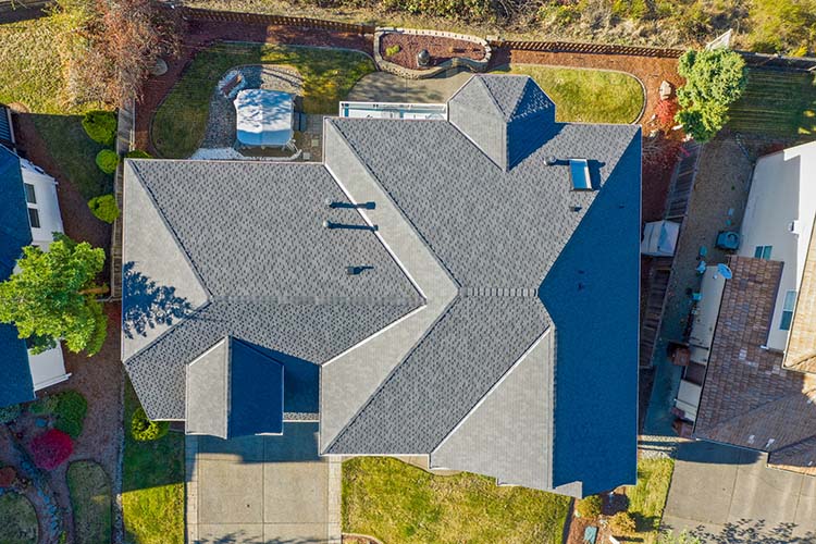 New Composite Asphalt Shingle Roof with Stucco in Tacoma, Washington - top view of roof