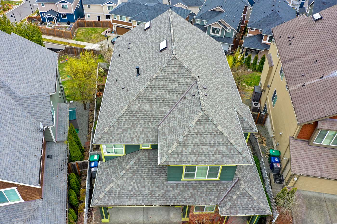 New Composite Asphalt Shingles Roof in Issaquah, Washington - overhead view of roof from an angle