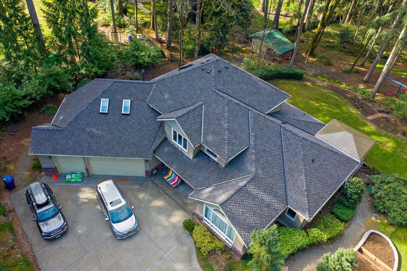 New Composite Asphalt Shingle Roof in Woodinville, Washington - top view of roof from front of house