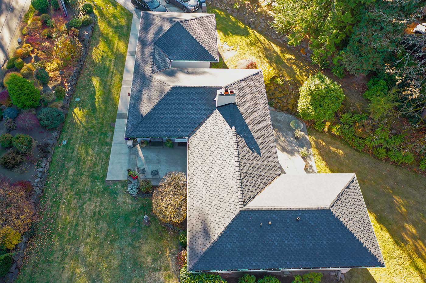New Composite Asphalt Shingles Roof in Normandy Park, Washington: overhead view of roof from an angle