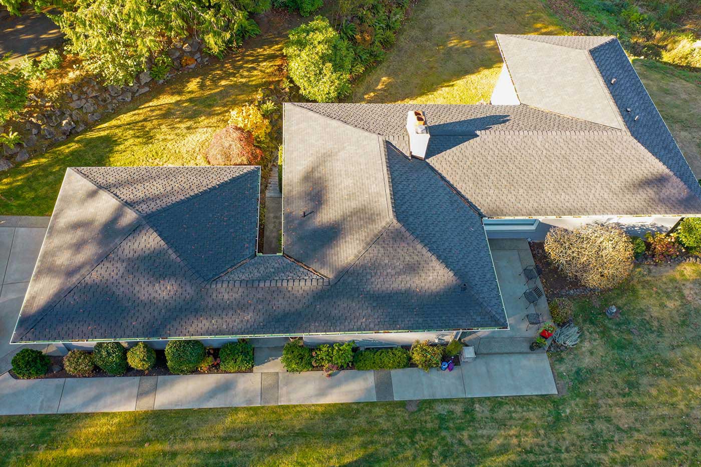 New Composite Asphalt Shingles Roof in Normandy Park, Washington: overhead view of roof from an angle